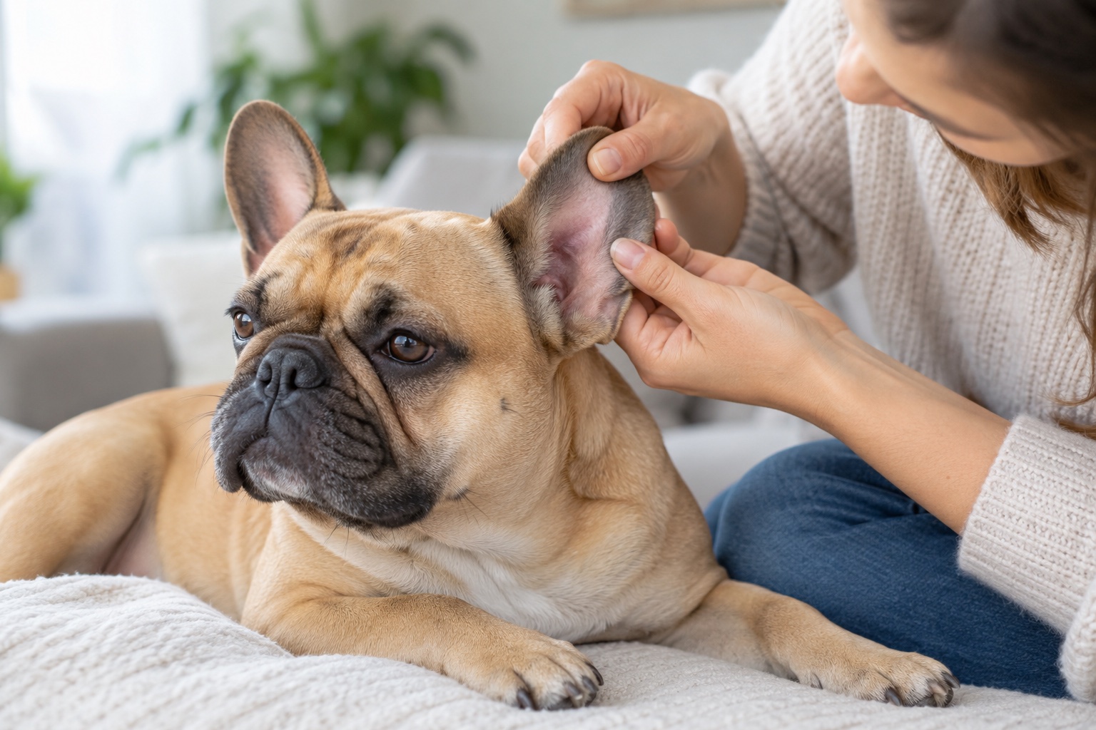 A French Bulldog calmly receiving a gentle look at the outer ear.