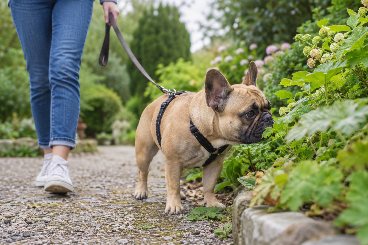 A French Bulldog sniffing plants during a relaxed walk in a garden.