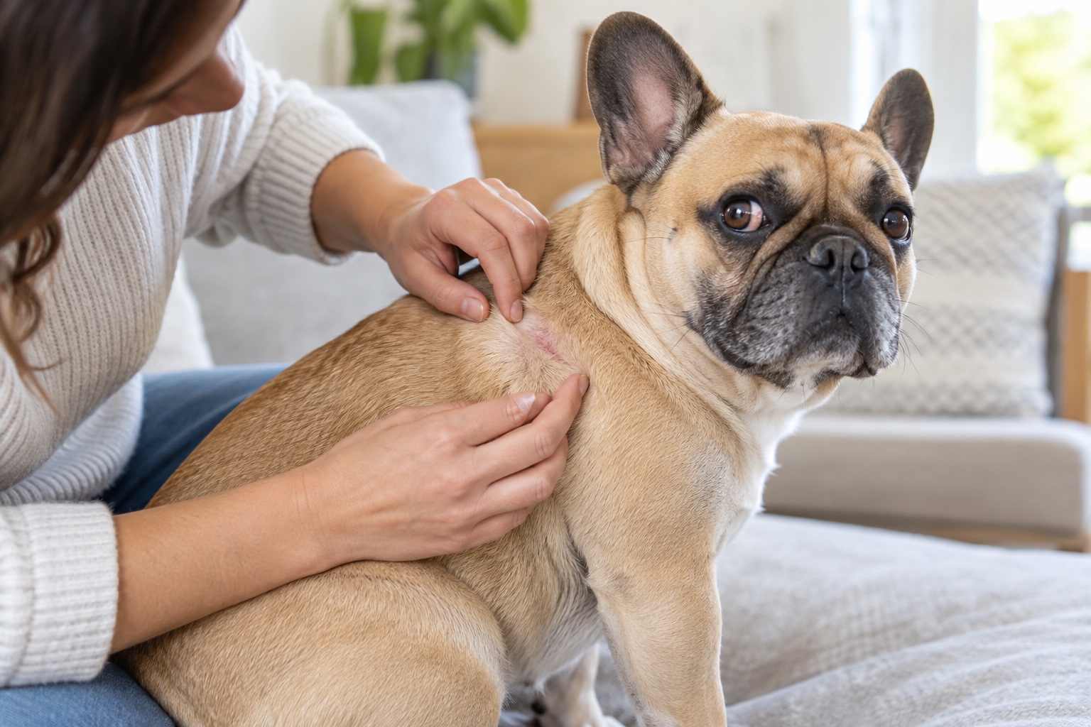 Fawn French Bulldog calmly having its coat checked for a small area of skin irritation.