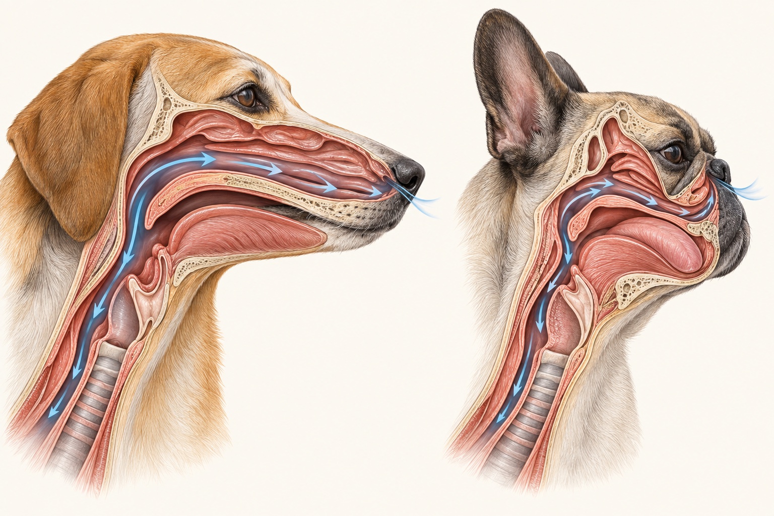 Comparative cutaway illustration showing airflow through a longer-muzzled dog's airway and a French Bulldog's shorter, more crowded upper airway.