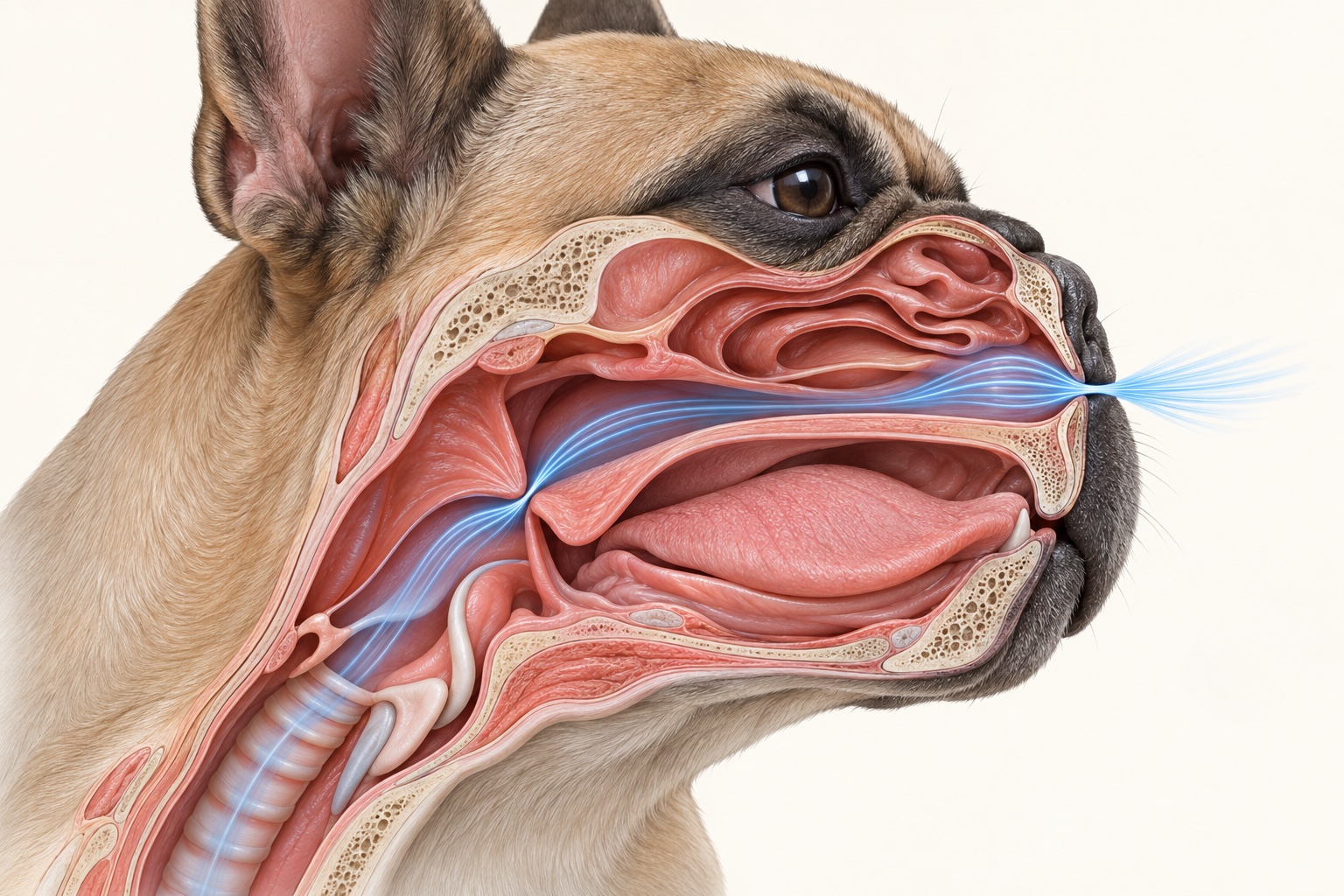 Close cutaway illustration of a French Bulldog's nasal passages and throat, with airflow narrowing through crowded upper-airway structures.
