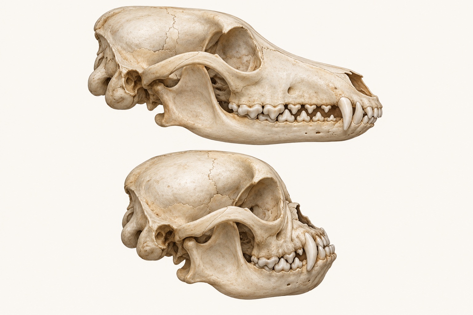 Side-by-side veterinary-style skull illustration comparing a longer-muzzled dog with a shorter, broader French Bulldog skull.