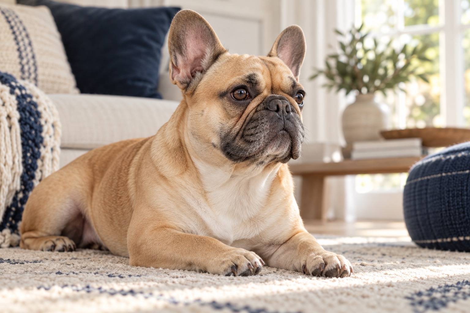 Calm fawn French Bulldog resting comfortably in a cool home.