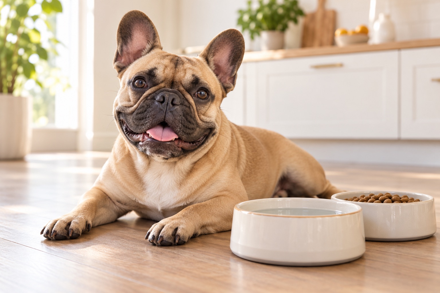 Fawn French Bulldog relaxing beside food and water bowls in a bright home kitchen.