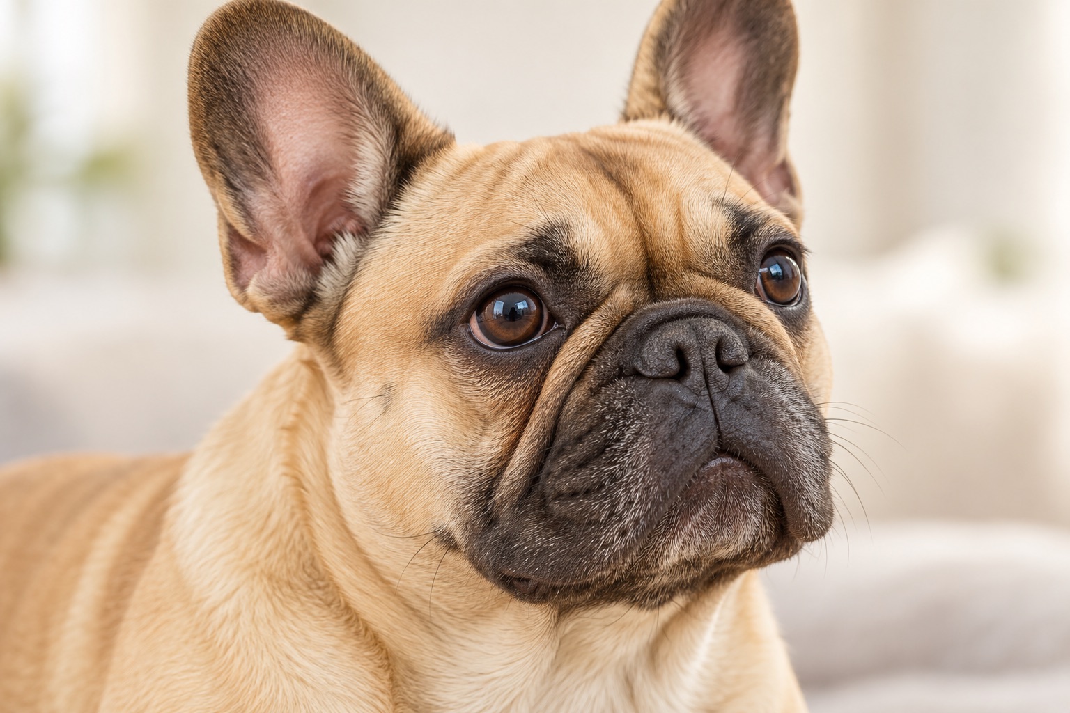 Close portrait of a healthy fawn French Bulldog with clear eyes and upright ears in soft natural light.