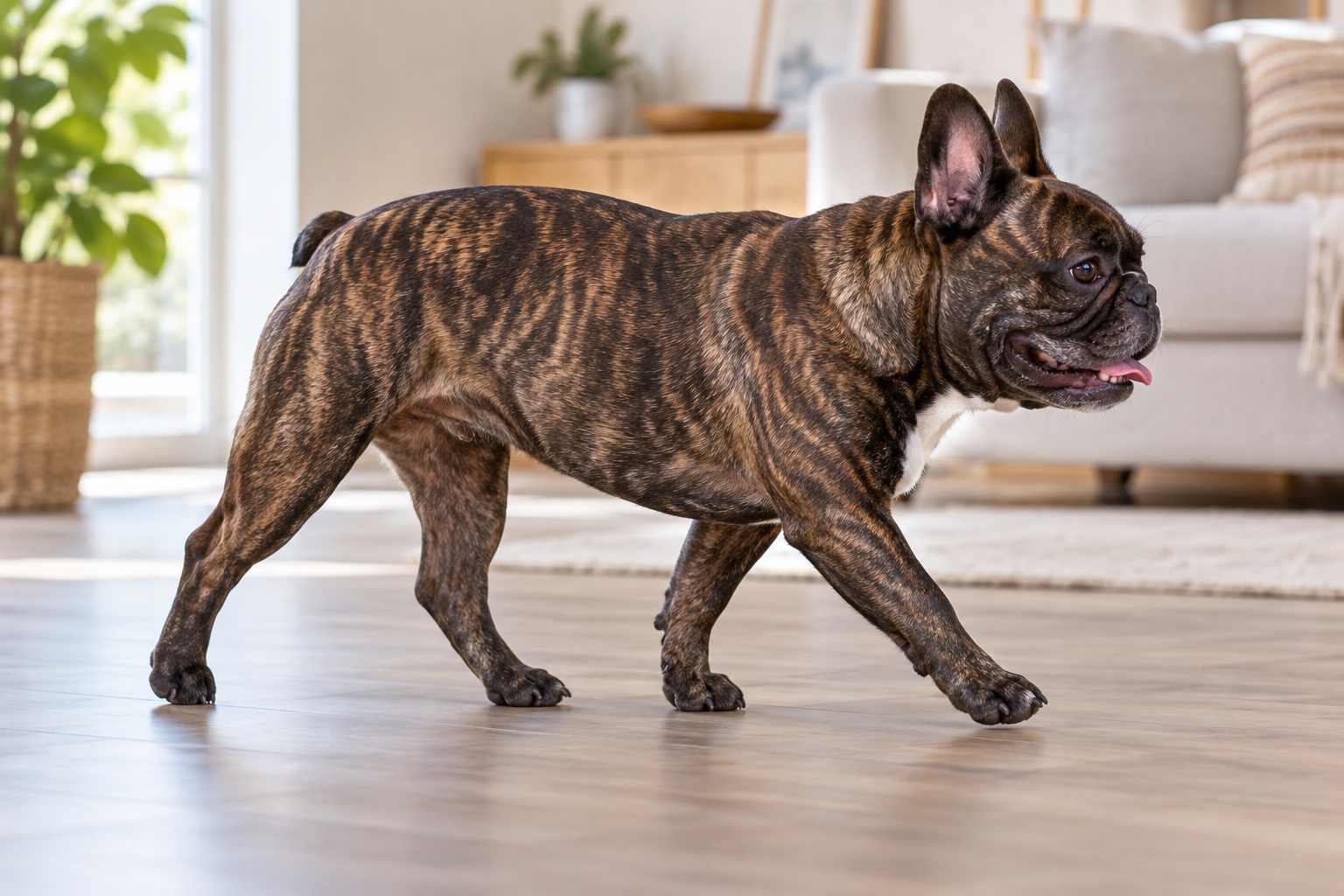 Brindle French Bulldog walking at an easy pace on a flat indoor floor.