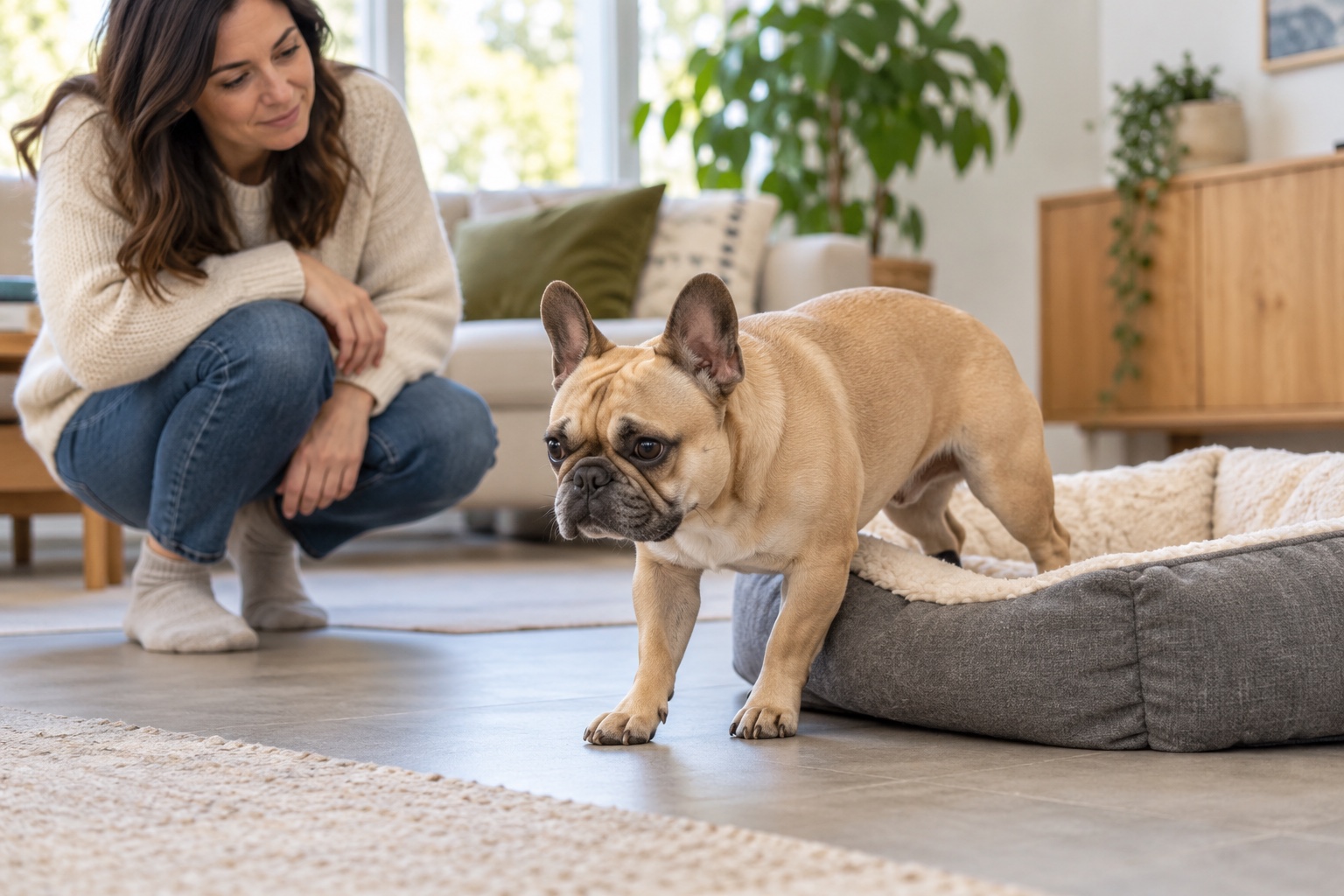 Fawn French Bulldog rising from a low padded bed while an owner observes nearby without touching.