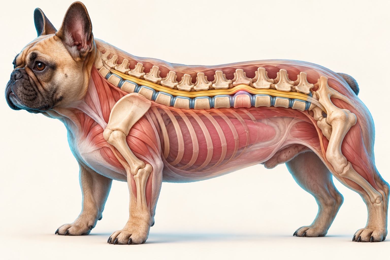 Simplified veterinary cutaway illustration of a French Bulldog showing the vertebrae, spinal cord and one subtly bulging intervertebral disc.