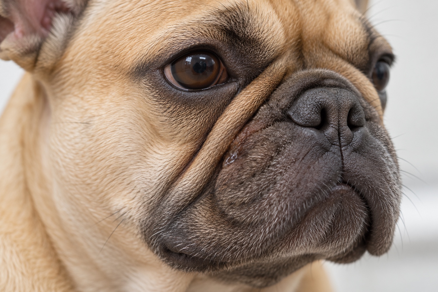 Close-up of a French Bulldog facial fold with darker discoloration and a small amount of clear moisture compared with nearby skin.