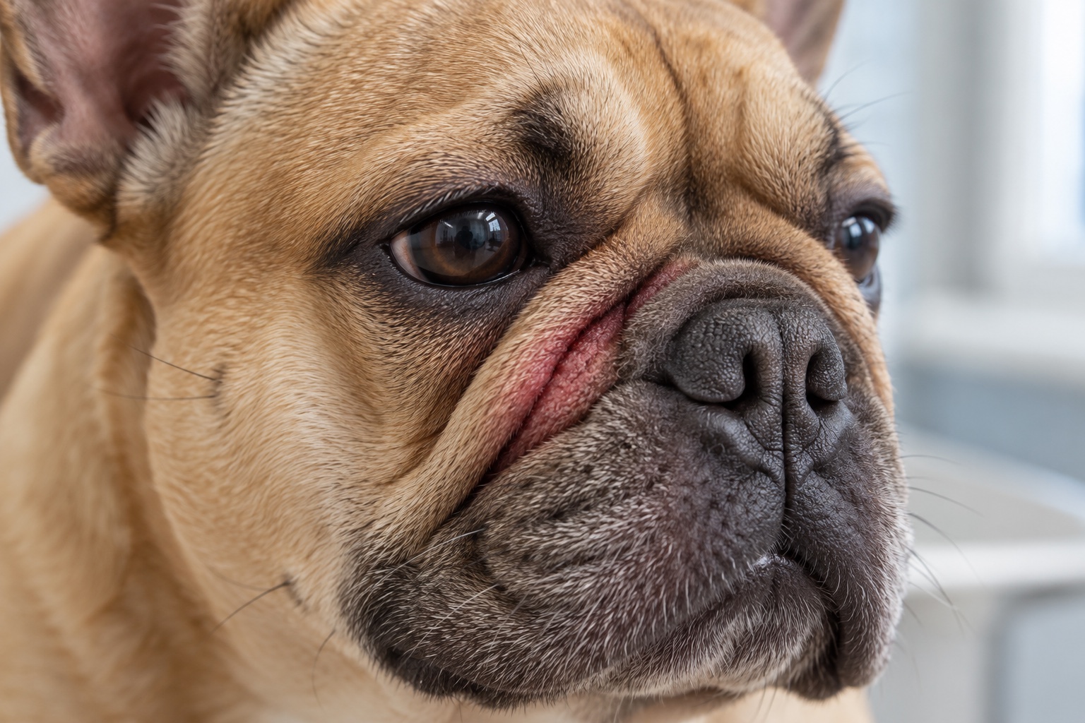 Close-up of a French Bulldog facial fold with localized redness and mild puffiness compared with nearby skin.