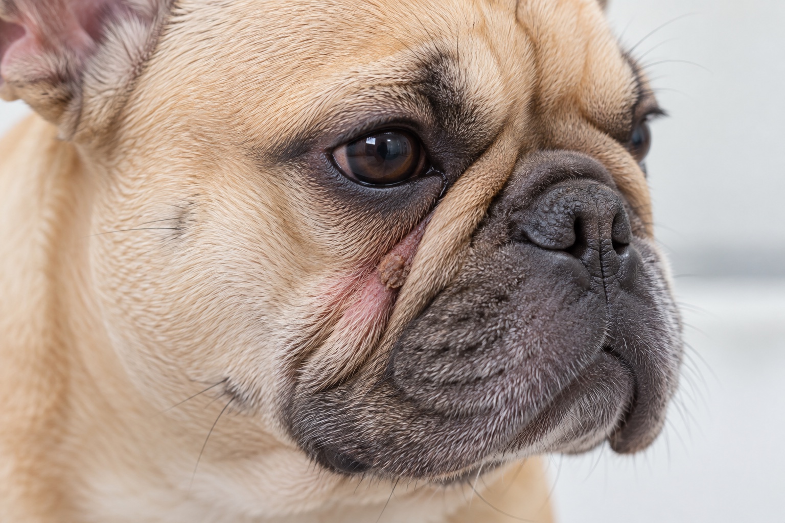 Close-up of a French Bulldog facial fold with a small dry crust and a subtly thinned patch of hair.