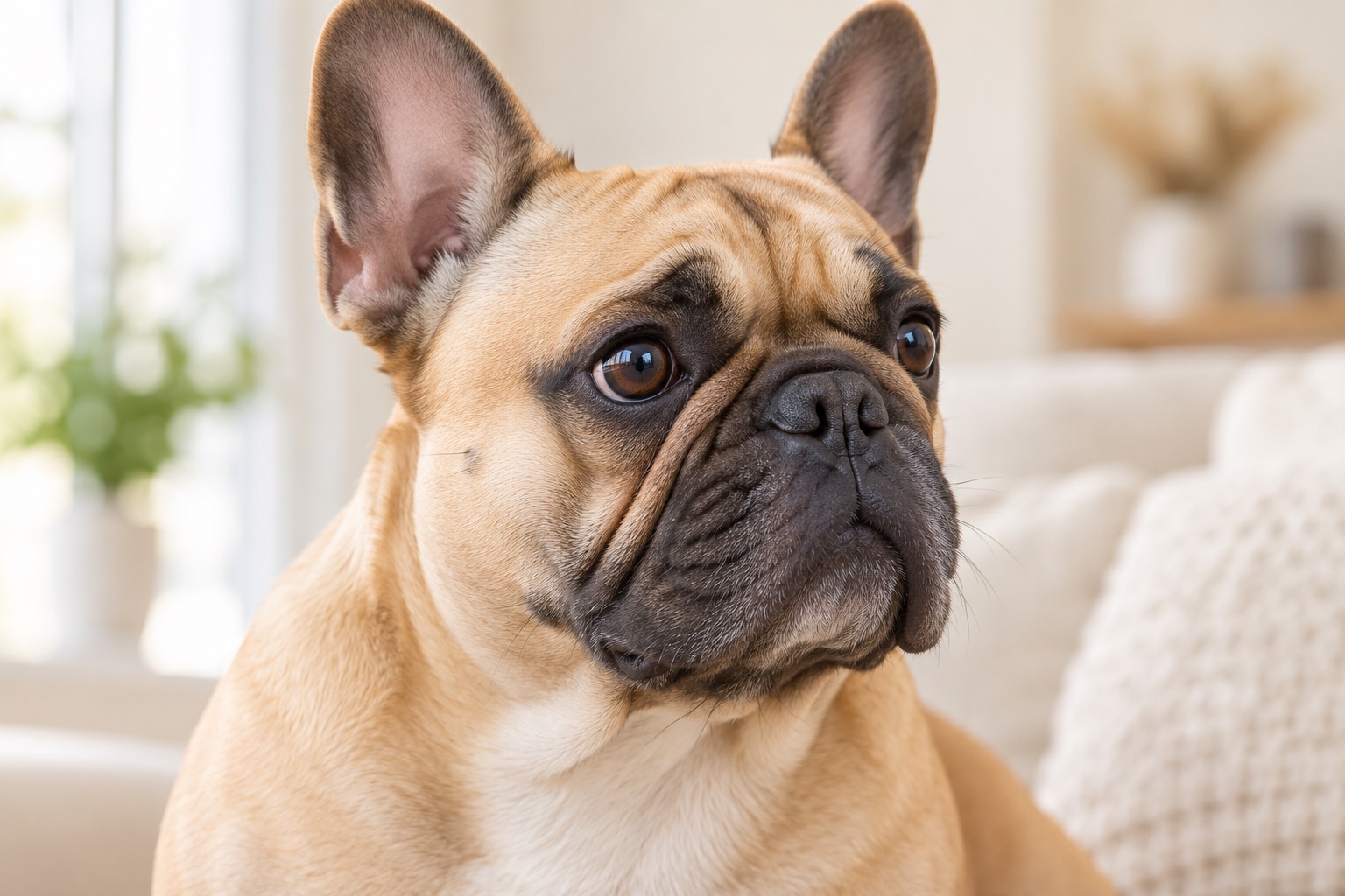 Healthy fawn French Bulldog in a soft-lit close portrait, showing natural folds around the nose and cheeks.