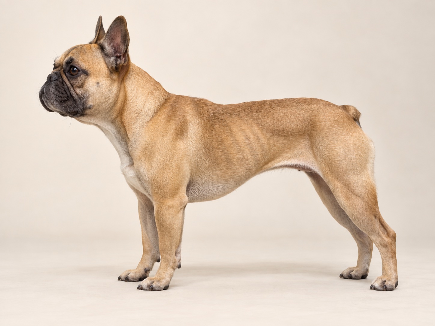 Fawn French Bulldog standing in side profile, with a leaner outline and visible abdominal tuck.