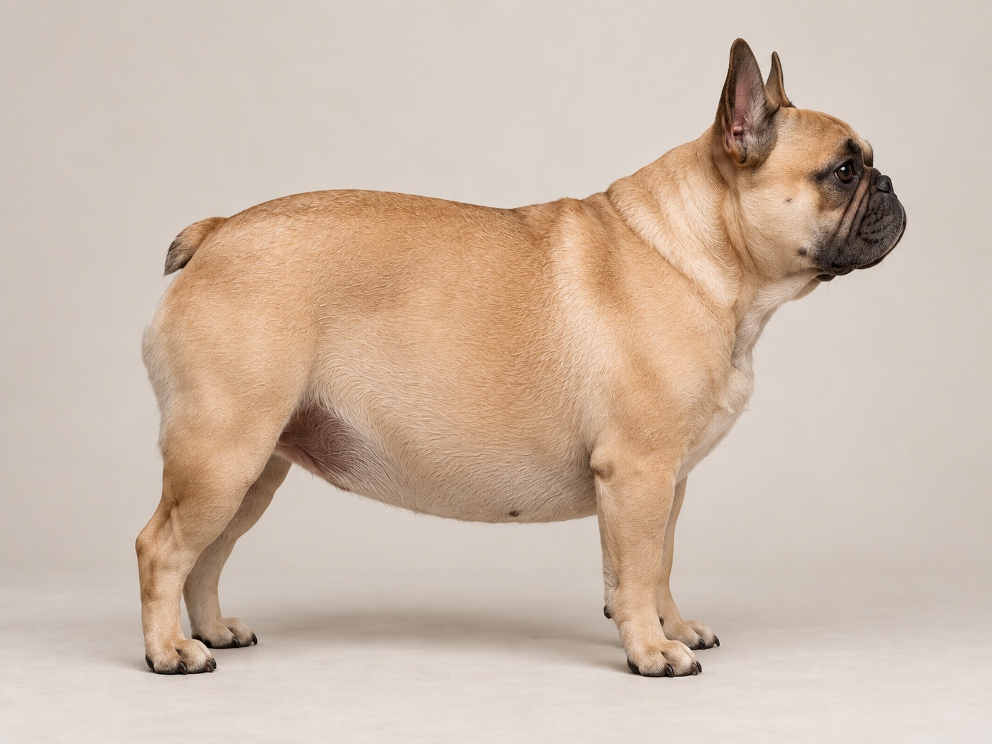 Fawn French Bulldog standing in side profile, with a fuller abdomen and less visible waist.