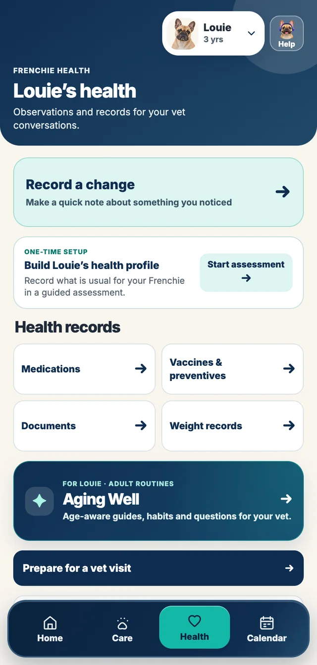 FrenchieOS Health screen with tools and records for Louie.